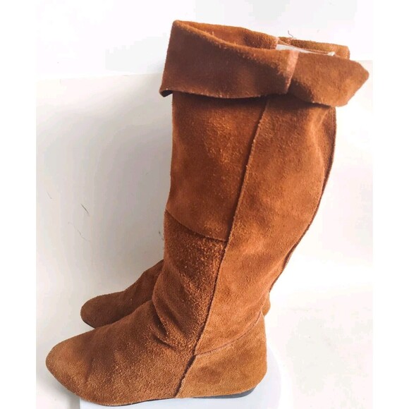 Nuetral Zone Boho Flat Foldover Camel Tan Leather Suede Knee High Boots Size 8 - Picture 5 of 11